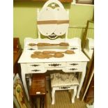 A MODERN BLACK AND WHITE FINISHED TRIPLE PLATE MIRRORED DRESSING TABLE with stool