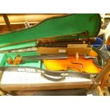 A CASED STUDENTS VIOLIN AND BOW together with a selection of recorders
