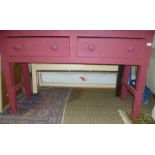 A PROBABLE 19TH CENTURY LATER PAINTED PINE WORK BENCH having twin plank top with two inline drawers,
