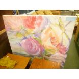 A LARGE DECORATIVE CANVAS OF SYLISED FLOWERHEADS (RRP £85)