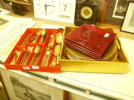 A COLLECTION OF CUTLERY together with VARIOUS GILT SERVING DISHES and rectangular SERVING PLATTERS