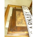 A GILT FRAMED MIRROR together with a small oak framed watercolour of a house, a Carnaby Street sign,