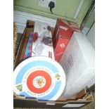 A BOX CONTAINING BOXED GLASSWARE, A ROYAL AIR FORCE COMMEMORATIVE PLATE, and other boxed items