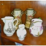 A PAIR OF ROYAL DOULTON TRANSFER DECORATED VASES together with TWO COMMEMORATIVE ROYAL WORCESTER