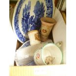 A BOX CONTAINING A SELECTION OF USEFUL AND DECORATIVE POTTERY to include Charlotte Rhead tube