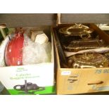 TWO BOXES OF USEFUL DOMESTIC ITEMS to include silver plated entree dishes, pottery jugs etc.