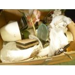 A LARGE BOX OF USEFUL DOMESTIC ITEMS VARIOUS to include mantle time pieces