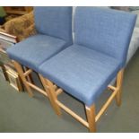 A PAIR OF DENIM EFFECT UPHOLSTERED HIGH BACKED STOOLS