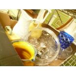 A BOX CONTAINING A SELECTION OF DOMESTIC GLASSWARE, POTTERY AND A RELIEF MOULDED PARIAN JUG