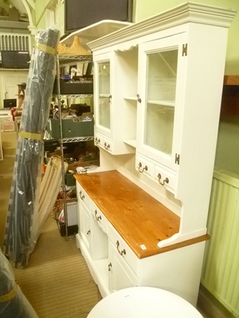 A PART PAINTED SOFTWOOD TWO PIECE KITCHEN DRESSER with twin shelved plate rack back, with glazed - Image 2 of 2