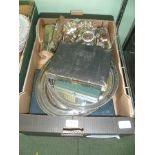 A BOX OF DOMESTIC METALWARES the majority silver plated