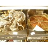 TWO BOXES OF DOMESTIC METALWARES the majority being silver plated, to include table centre pieces