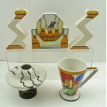 A QUANTITY OF ART DECO DESIGN POTTERY ITEMS, including a table clock, pair of "Zig-Zag"