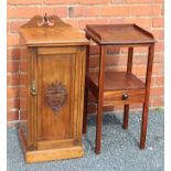 A LATE 19TH CENTURY WALNUT BEDSIDE POT CUPBOARD with fancy shaped upstand and carved fronted