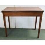 A 19TH CENTURY MAHOGANY FOLDOVER TEA TABLE, raised on square tapering supports 90cm wide.