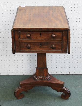 A 19TH CENTURY MAHOGANY DROP FLAP WORK/SEWING TABLE, having two real and two faux drawers,