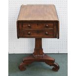 A 19TH CENTURY MAHOGANY DROP FLAP WORK/SEWING TABLE, having two real and two faux drawers,