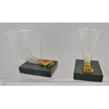 A PAIR OF 20TH CENTURY CORNUCOPIA VASES, opaque glass horns secured by gilt metal fists to