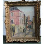*** KASTERINE A THIRD QUARTER 20TH CENTURY STREET SCENE, with Victorian style street lights. Oil