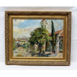 20TH CENTURY FRENCH SCHOOL "Village Scene with Figures". Oil on canvas, monogrammed and dated