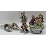 SIX PIECES OF DECORATIVE CONTINENTAL PORCELAIN to include; floral encrusted Dresden slippers, a