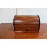 AN EDWARDIAN MAHOGANY DESK TOP STATIONERY BOX, with tambour cover, drawer and fitted interior,