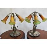 A PAIR OF TIFFANY DESIGN TABLE LAMPS of Art Nouveau lily form, each with five glass shades