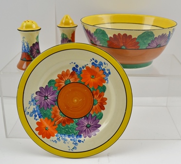 A QUANTITY OF CLARICE CLIFF "BIZARRE" PAINTED CERAMICS "Gay Day" pattern, comprising; a bowl 17cm