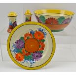 A QUANTITY OF CLARICE CLIFF "BIZARRE" PAINTED CERAMICS "Gay Day" pattern, comprising; a bowl 17cm