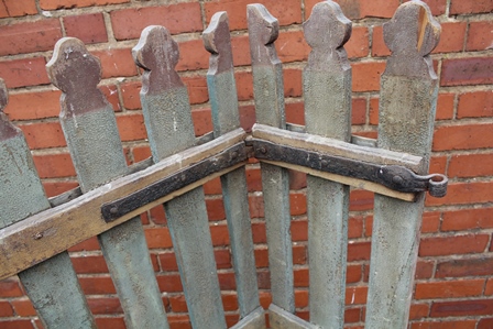 A 19TH CENTURY PICKET GATE, fret cut tops, secondary hinge type, remains of original paint, with - Image 2 of 2