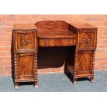 A 19TH CENTURY MAHOGANY TWIN PEDESTAL SIDEBOARD, having gallery back, the breakfront centre with