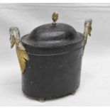 A CONTINENTAL REGENCY TIN-PLATE EGG CODDLER, ebonised painting, with gilded swan neck handles and