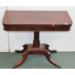 A WILLIAM IV DESIGN ROSEWOOD FOLDOVER TEA TABLE, on column, platform and outswept supports with