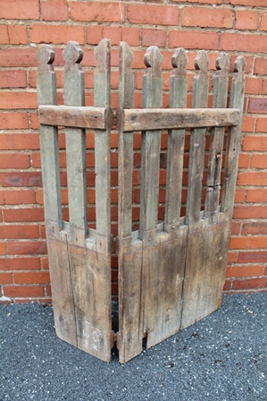 A 19TH CENTURY PICKET GATE, fret cut tops, secondary hinge type, remains of original paint, with