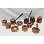 A SELECTION OF 19TH CENTURY COPPER KITCHEN WARES including chocolate moulds of varying shapes &