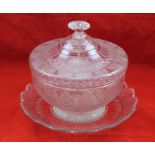 A CUT GLASS PUNCH BOWL with cover, on dish base, bowl 24.5cm diameter (possibly Irish)