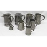 A QUANTITY OF GEORGIAN DESIGN PEWTER TANKARDS AND JUGS