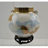 A LATE 20TH CENTURY JAPANESE DESIGN STUDIO POTTERY TWIN LUGG HANDLED VESSEL decorated with goldfish,