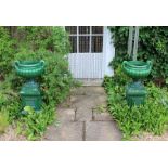 A PAIR OF PROBABLE LATE 19TH / EARLY 20TH CENTURY MOULDED POTTERY TWIN HANDLED GARDEN PEDESTAL