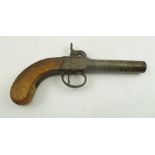 A 19TH CENTURY PERCUSSION CAP POCKET PISTOL, turn off barrel, wooden hand grip, barrel length 7.5cm