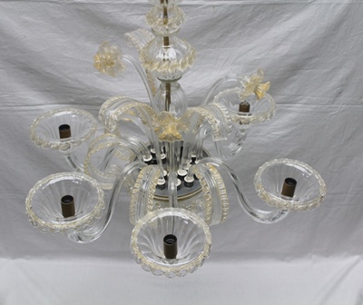 A GLASS CEILING CHANDELIER, possibly Murano, with gilded fronds, approximately 62cm