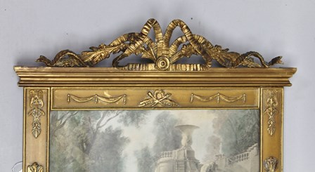 A FRENCH EMPIRE DESIGN GILT FRAMED PIER MIRROR, with ribbon swag crest upper portion inlaid with a - Image 2 of 5