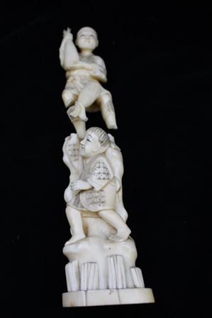 TWO JAPANESE MEIJI PERIOD IVORY CARVINGS, each depicts two people, one with a musician, the other - Image 4 of 6