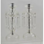 A PAIR OF LATE 20TH CENTURY GLASS TABLE LUSTRES with faceted droppers and provision for conversion