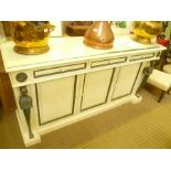 A DECORATIVELY PAINTED SIDEBOARD UNIT in the classical revival style, having plain rectangular top