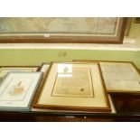 A STACK OF DECORATIVE PICTURES AND PRINTS VARIOUS to include framed indenture and a letter