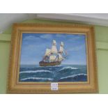 A MODERN OIL ON BOARD STUDY OF A GALLEON AT FULL SAIL in moulded gilt coloured frame