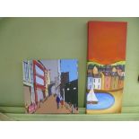 TWO MODERN CANVASSES one being a stylised seaside village, the other inner city Birmingham