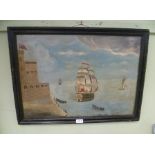 A NAIVE SCHOOL OIL ON PANEL depicting a Galleon off shore from a fortification, in painted black