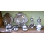 A SELECTION OF DOMESTIC METALWARES VARIOUS the majority being pewter, to include a pair of candle